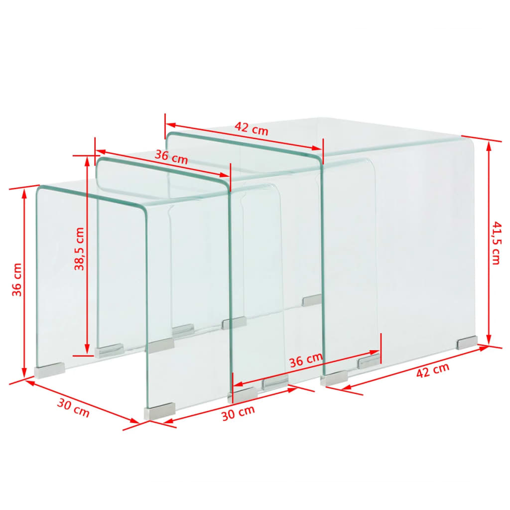 Ensemble de tables gigognes 3 Pièces Verre trempé Transparent