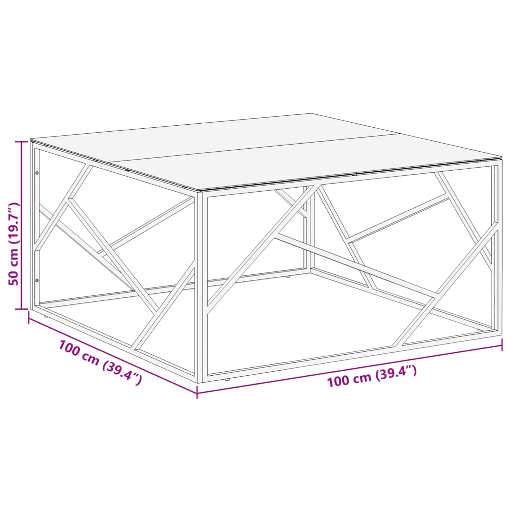 Table basse argenté acier inoxydable et verre trempé