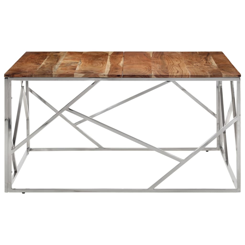 Table basse argenté acier inoxydable et bois massif d'acacia