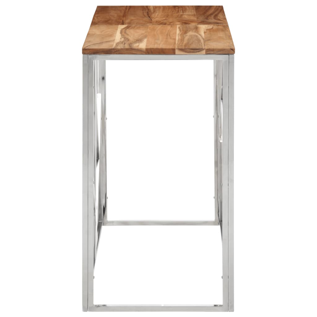 Table console argenté acier inoxydable et bois d'acacia  90 x 40 x 70 cm