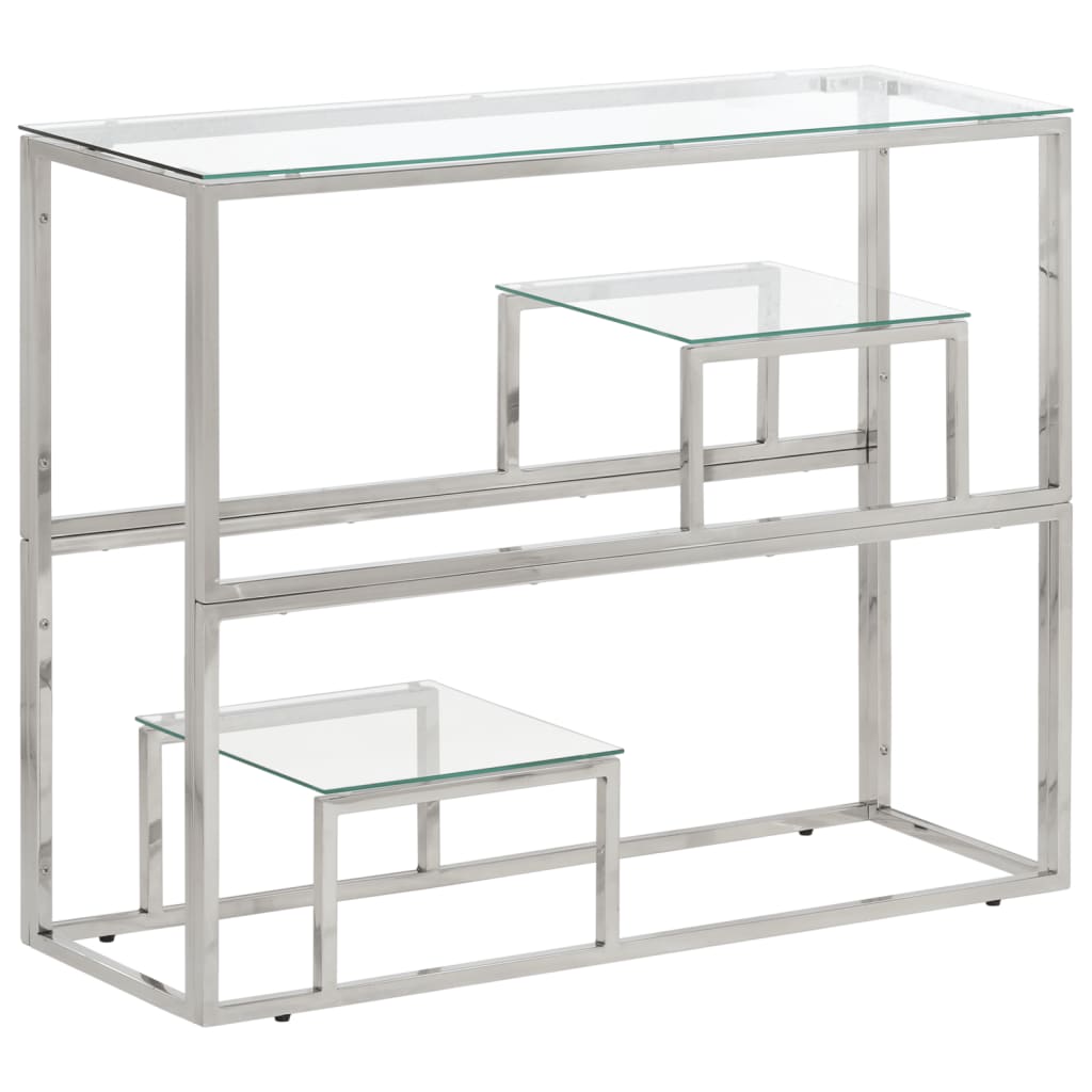 Table console argenté acier inoxydable et verre trempé  90 x 30 x 70 cm