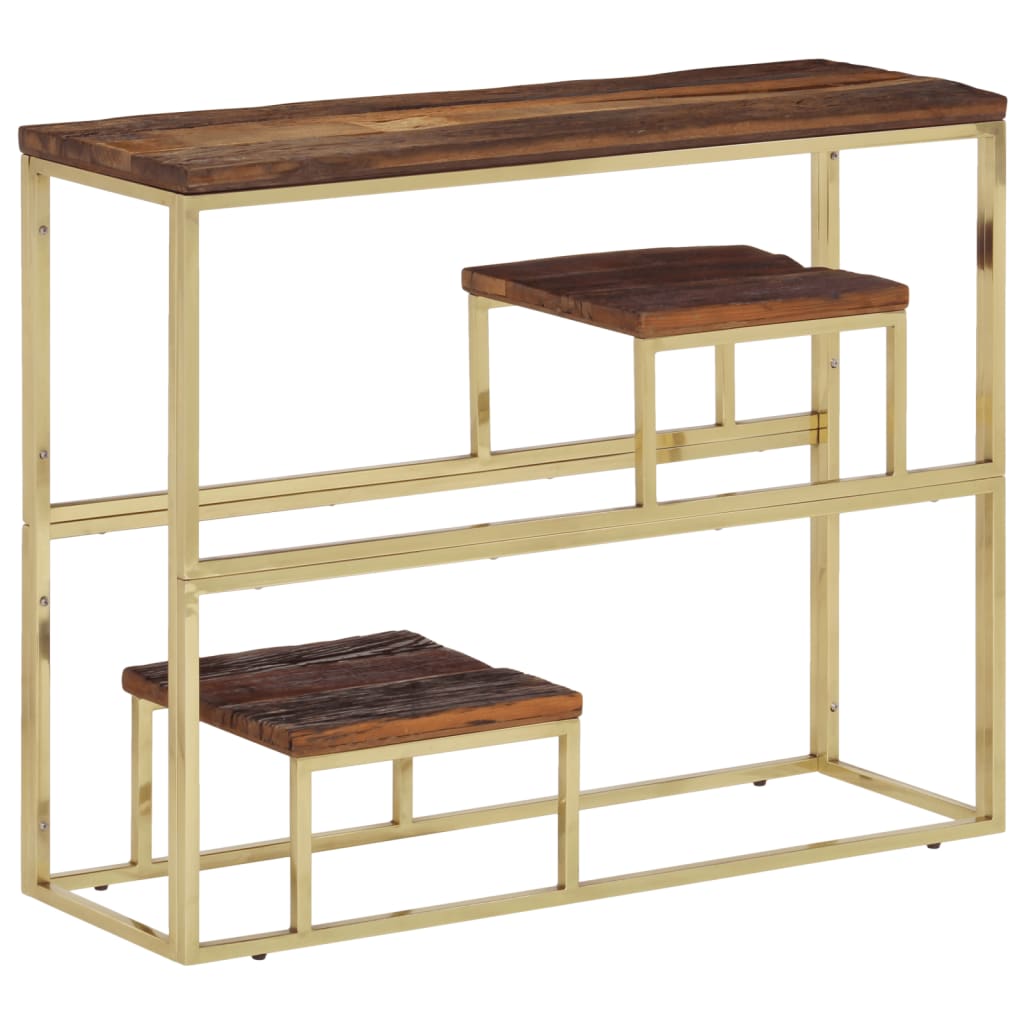 Table console doré acier inoxydable et bois de mélèze massif 90 x 30 x 70 cm