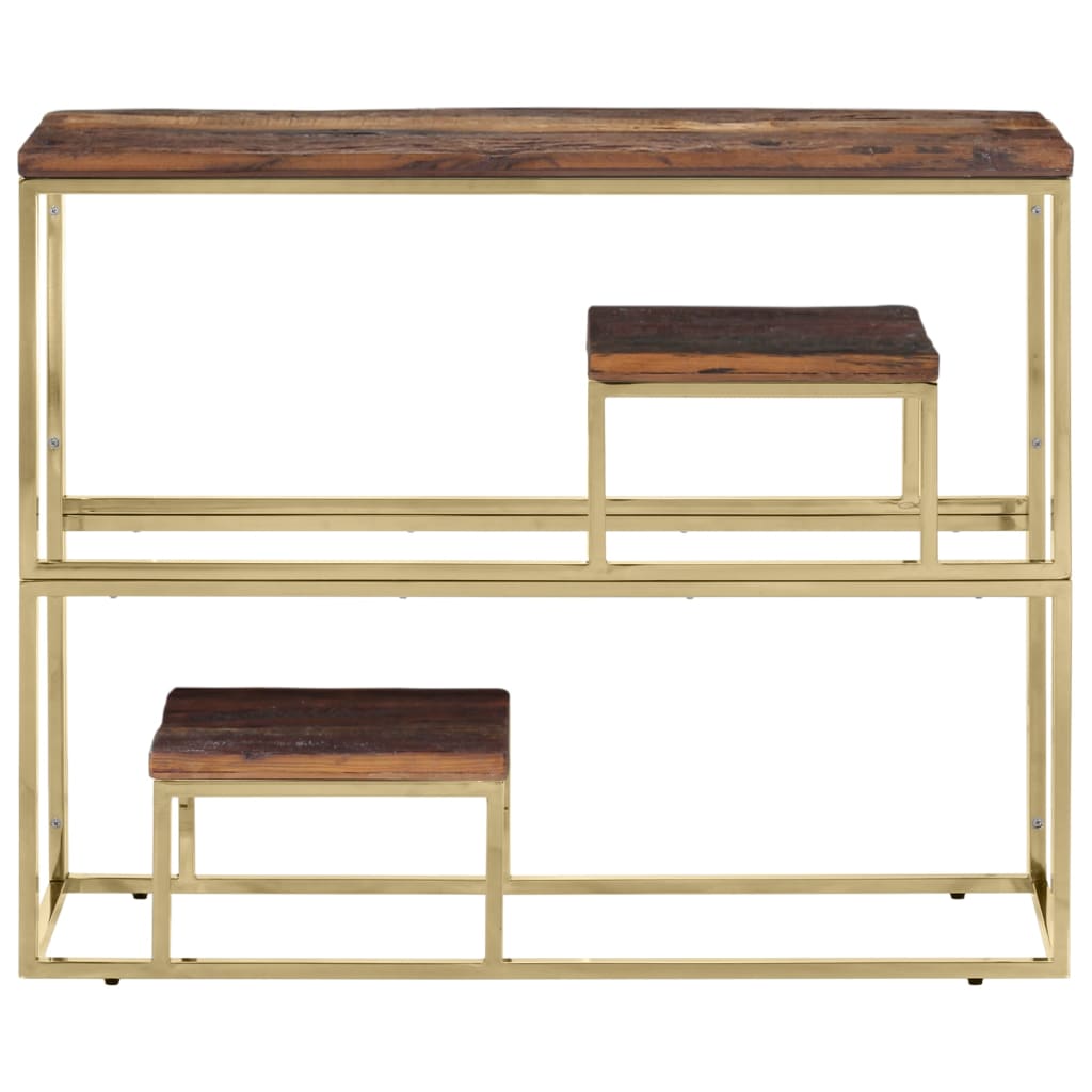 Table console doré acier inoxydable et bois de mélèze massif 90 x 30 x 70 cm