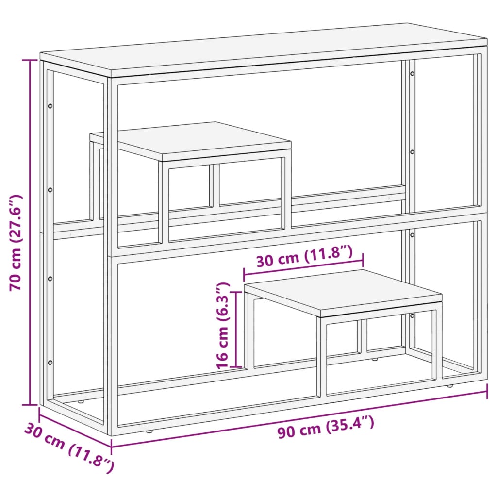 Table console doré acier inoxydable et bois de mélèze massif 90 x 30 x 70 cm