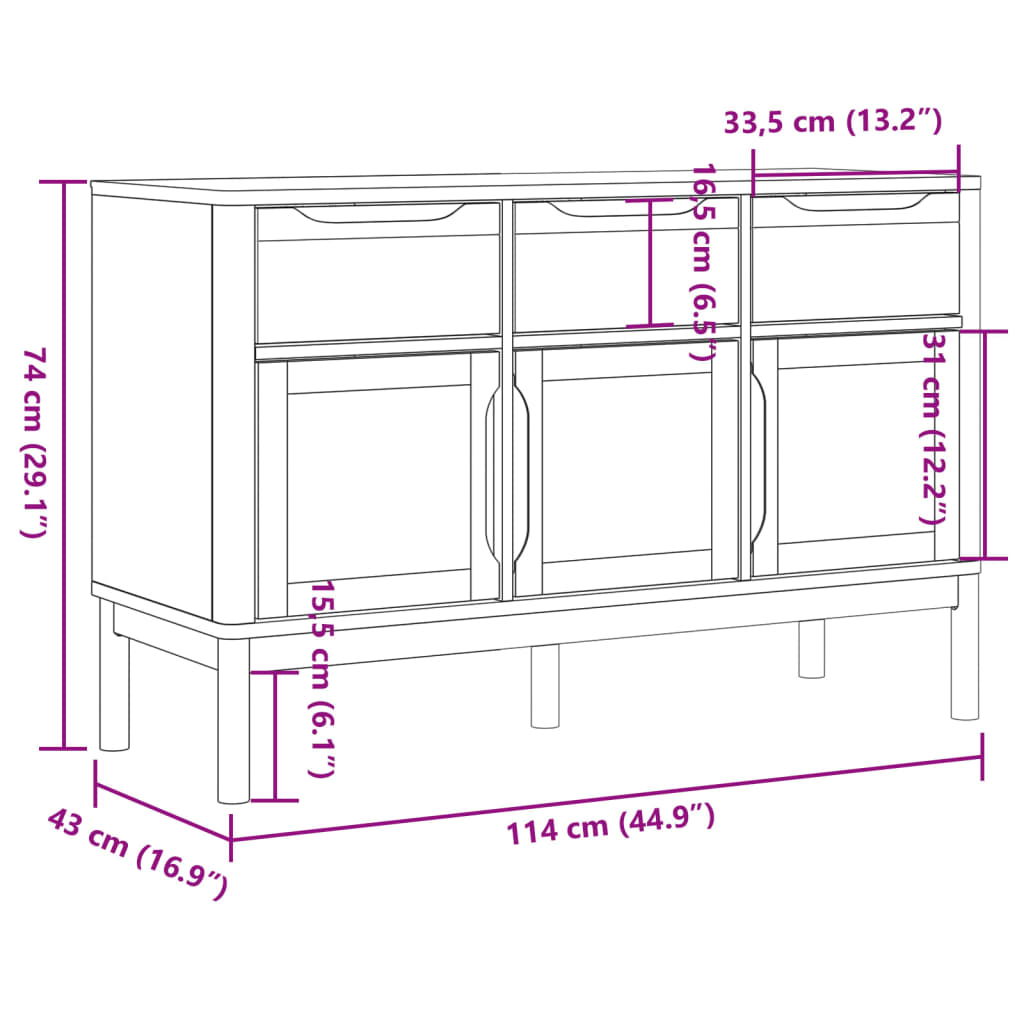 Buffet FLORO blanc 114x43x74 cm bois massif de pin