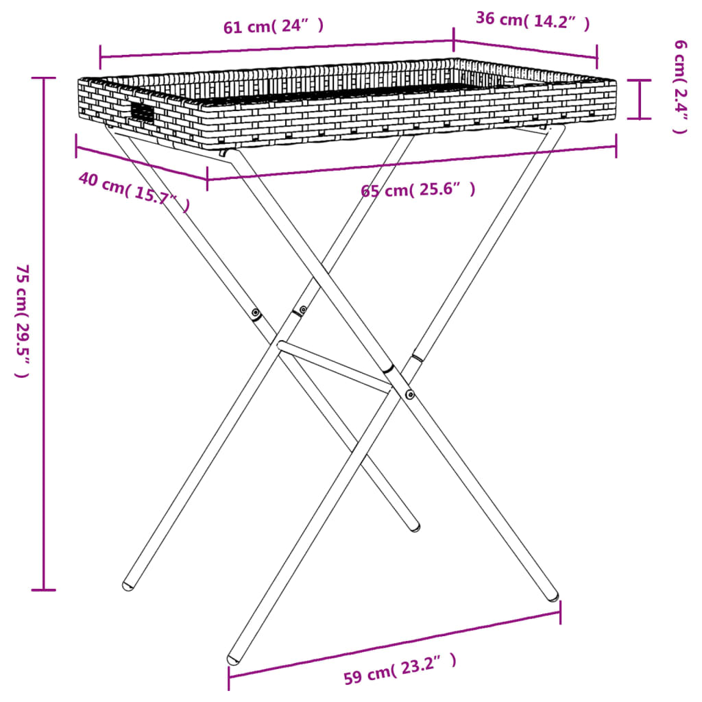 Table à plateau pliable beige 65x40x75 cm résine tressée