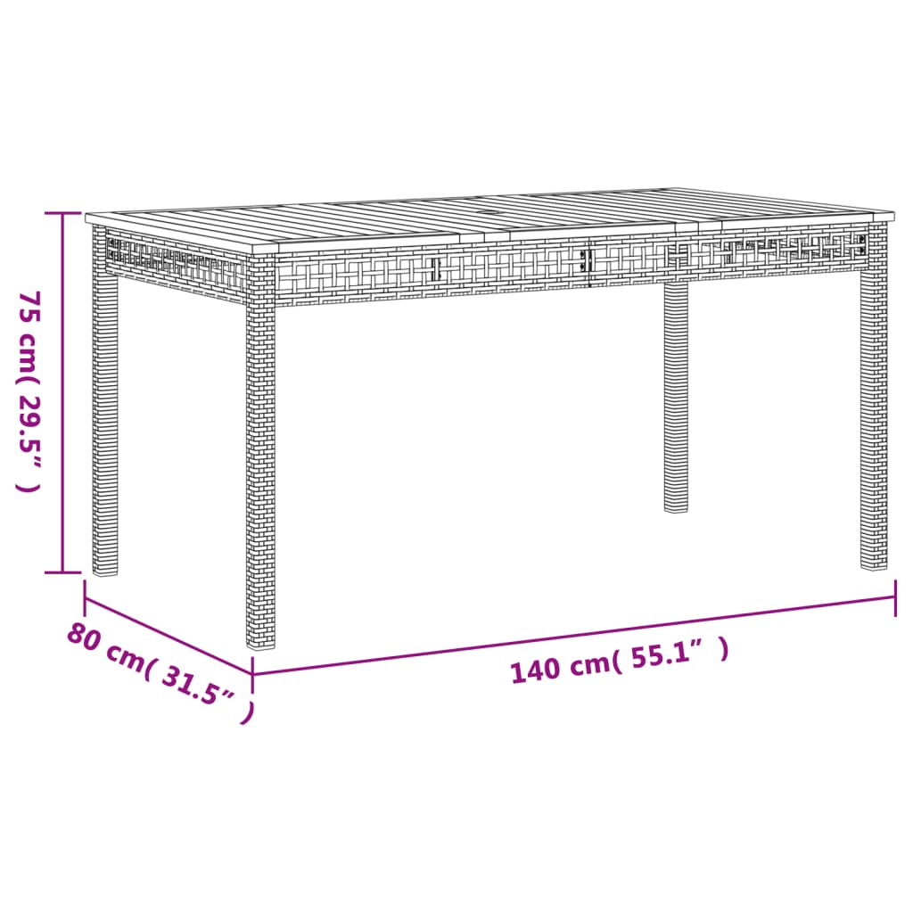 Table de jardin beige résine tressée beige et acacia 140x80x75 cm