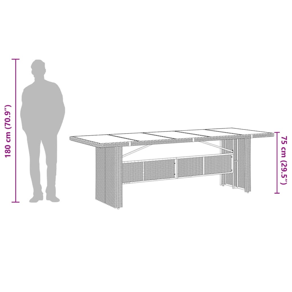 Table de jardin dessus en verre noir 240x90x75cm résine tressée