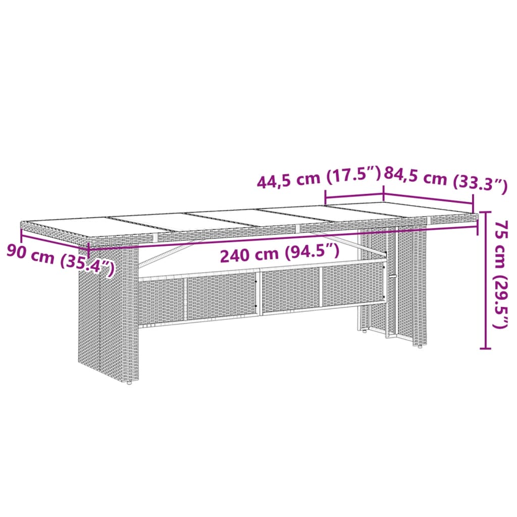 Table de jardin dessus en verre noir 240x90x75cm résine tressée