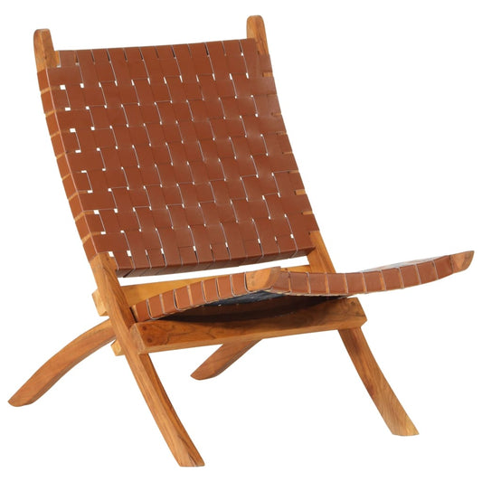 Chaise de relaxation pliable cuir véritable marron