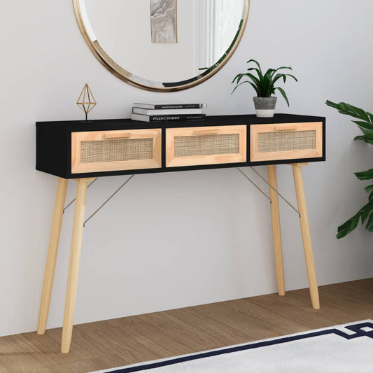 Console table Black 105x30x75 cm Solid wood pine/natural rattan