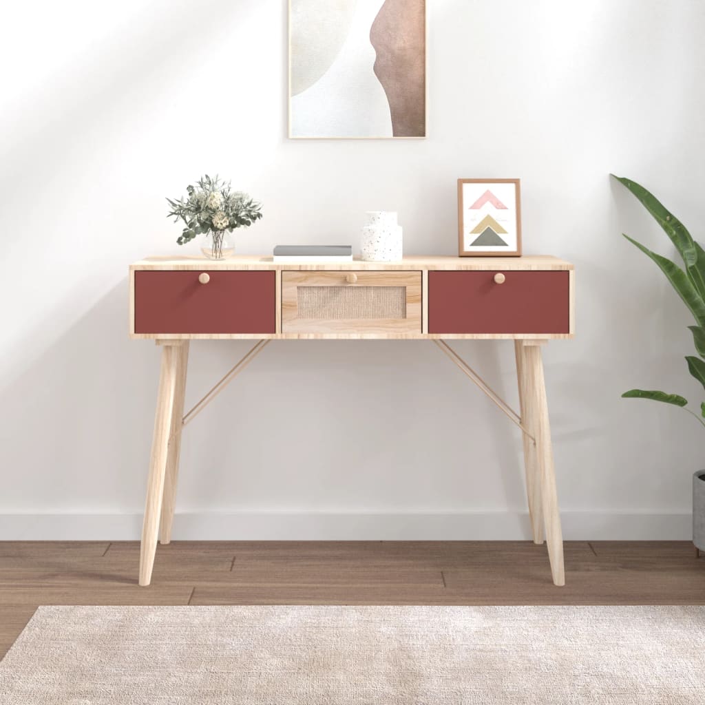 Table console avec tiroirs bois clair et rouge 105x30x75 cm