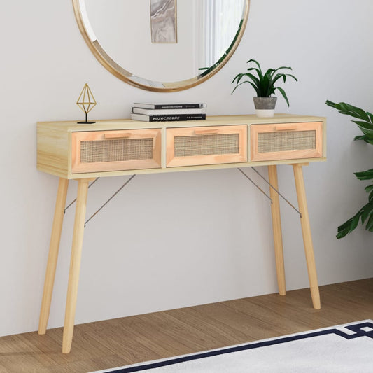 Table console bois clair et rotin naturel 105x30x75cm