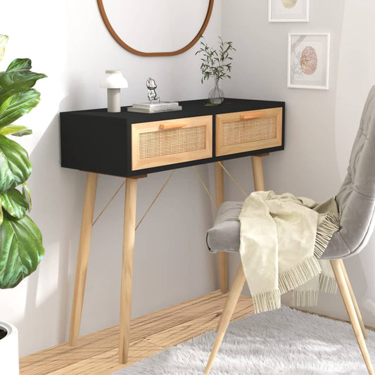 Console table Black 80x30x75 cm Solid wood pine/natural rattan