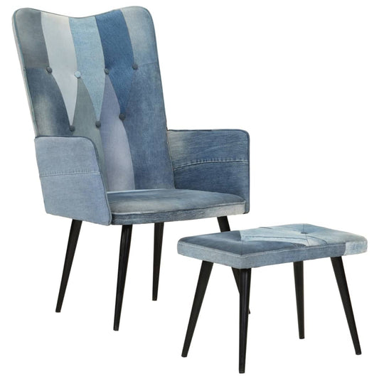 Armchair with footrest Denim Blue Patchwork canvas